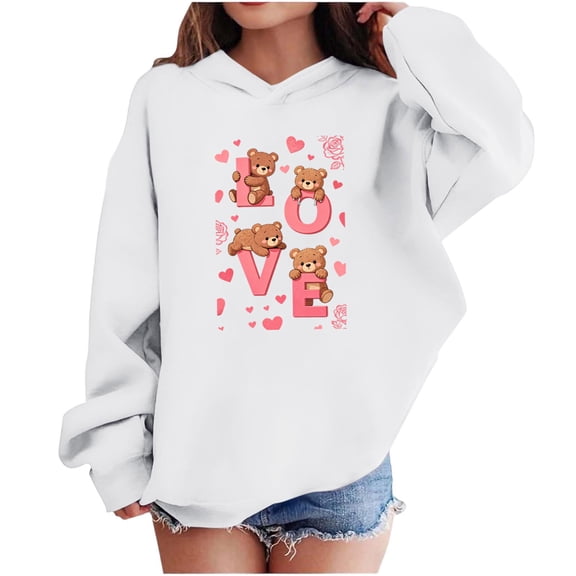 Kids Valentine Hoodies Long Sleeve Festival Print Pullover Tops Casual Loose Holiday Hooded Sweatshirts (13 Years, White-B)