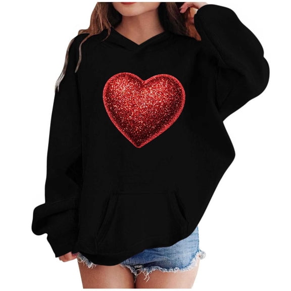 Kids Valentine Hoodies Long Sleeve Festival Print Pullover Tops Holiday Casual Loose Hooded Sweatshirts With Pocket (3-4 Years, Black-F)