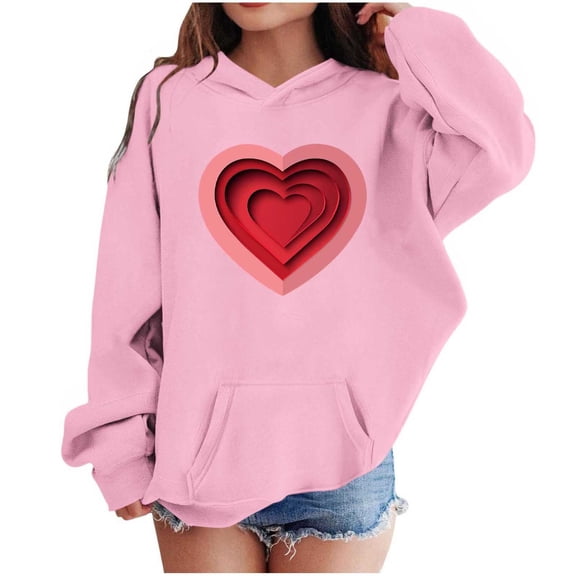 Kids Valentine Hoodies Long Sleeve Festival Print Pullover Tops Holiday Casual Loose Hooded Sweatshirts With Pocket (3-4 Years, Pink)