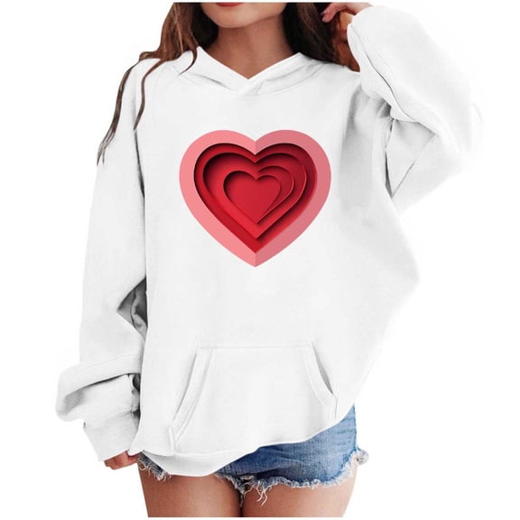Kids Valentine Hoodies Long Sleeve Festival Print Pullover Tops Holiday Casual Loose Hooded Sweatshirts With Pocket (5-6 Years, White)