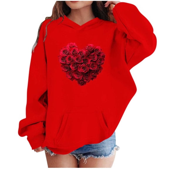 Kids Valentine Hoodies Long Sleeve Festival Print Pullover Tops Holiday Casual Loose Hooded Sweatshirts With Pocket (7-8 Years, Red-D)