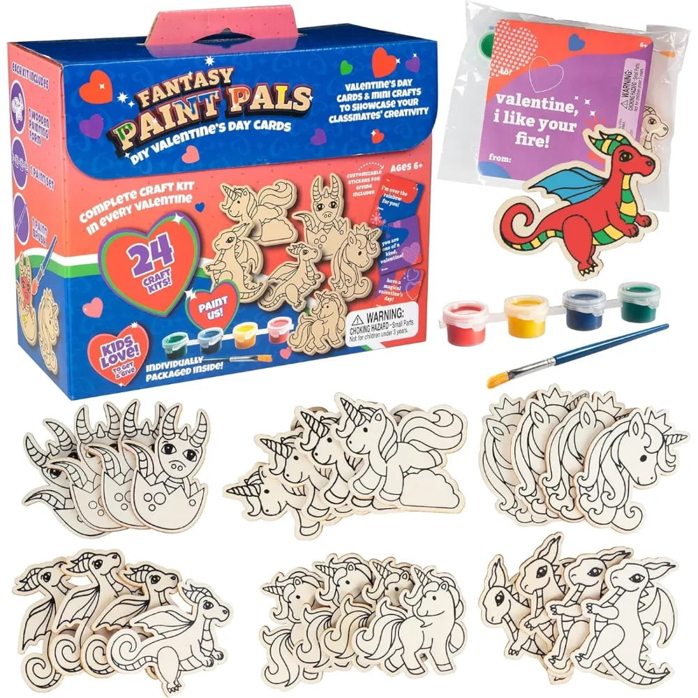 Kids Valentine's Day Cards - Unicorn and Dragon Wood Painting Kits (24ct)- Each Valentines Card Includes Craft w Paints, Brush, and Sticker- Make Classroom School Exchange Gifts Fun for Boys & Girls
