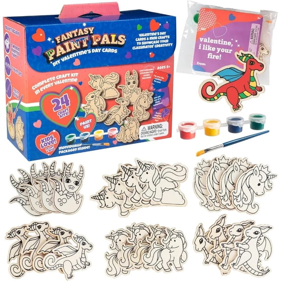 Kids Valentine's Day Cards - Unicorn and Dragon Wood Painting Kits (24ct)- Each Valentines Card Includes Craft w Paints, Brush, and Sticker- Make Classroom School Exchange Gifts Fun for Boys & Girls
