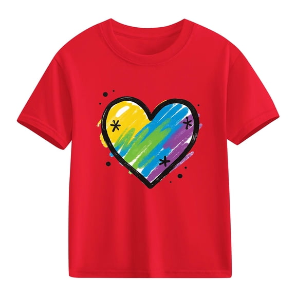 Kids Valentine's Day T-Shirt | Girls Rainbow Heart Graphic Tee | Short Sleeve Cotton Shirt for Kids to Big Kid Red,Size 9 T
