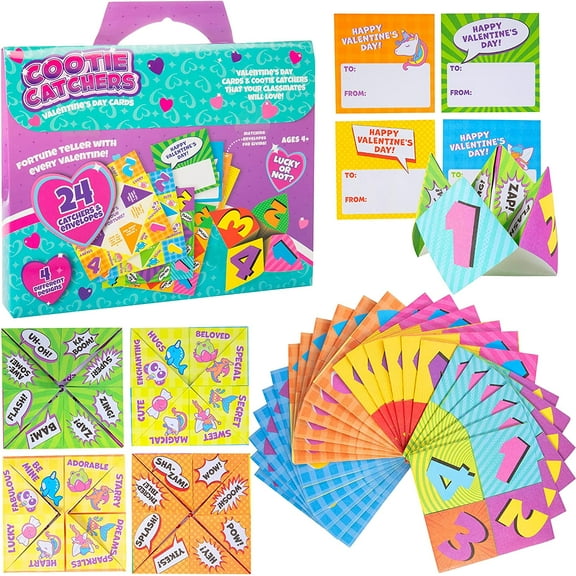 Kids Valentine's Day Cards for School Exchange Gifts (24ct)- Fantasy Fortune Teller Kits w Matching Envelopes- Pre-Folded Boys & Girls Paper Origami Cootie Catchers- Cards for Kids Classroom