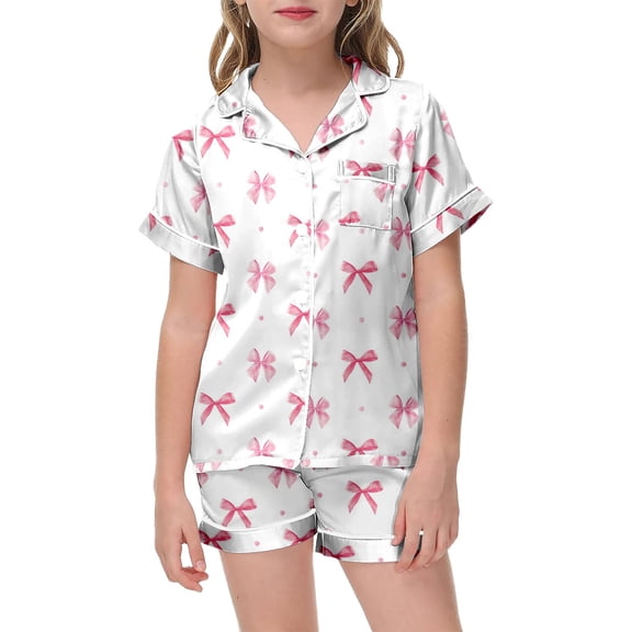 Kids Valentines Pajamas Girls Pajamas Satin Silk Pjs Set Bow Sleepwear Short Sleeve Jammies Button Down 2 Piece Shorts Nightwear Loungewear Baby Clothes Summer Fall Clothes 2-13Y #03 Pink,110=2-3Y
