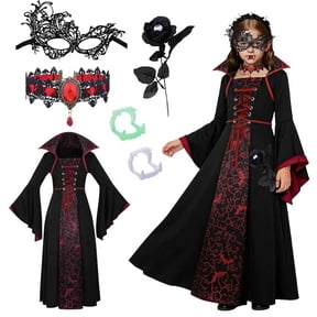 Kids Vampire Maxi Dress Set Full Accessory Costume Medieval Halloween Cosplay Outfit For Girls 3-13 Years Old Gothic