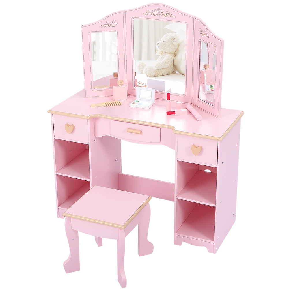 Kids Vanity with Chair Princess Makeup Desk Dressing Table with