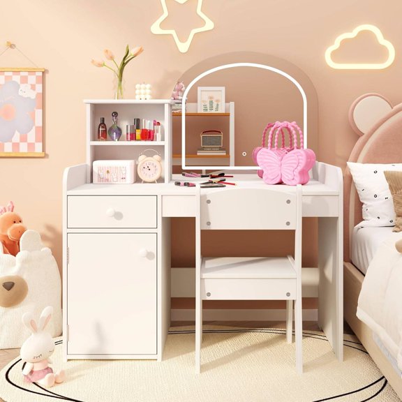 Kids Vanity Desk with Light-Up Mirror, 2-Tier Shelves, Drawer and Cabinet, White