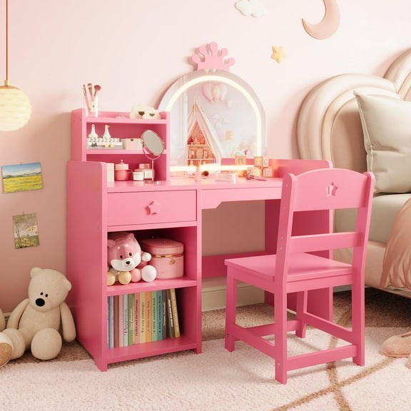 Kids Vanity,Girls Vanity Set with Mirror and Stool and Lights,Pretend Play Kids Vanity Table and Chair Set,Wooden Princess Makeup Desk Dressing Table with Drawer and Open Storage Shelves