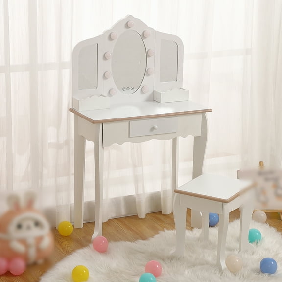 Kids Vanity, Girls Vanity Set with Mirror and Stool, Makeup Vanity with Lights and Storage Drawer, Brightness Adjustable, Wooden Dressing Table, Pretend Play Kids Vanity Table and Chair Set