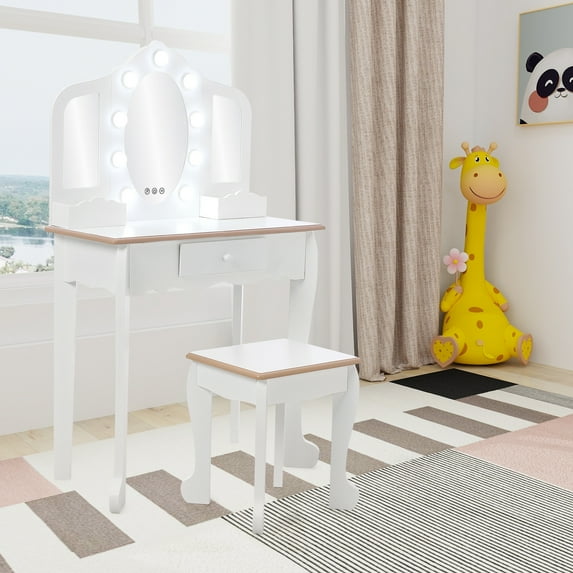 Kids Vanity, Girls Vanity Set with Mirror and Stool, Makeup Vanity with Lights and Storage Drawer, Brightness Adjustable, Wooden Dressing Table, Pretend Play Kids Vanity Table and Chair Set