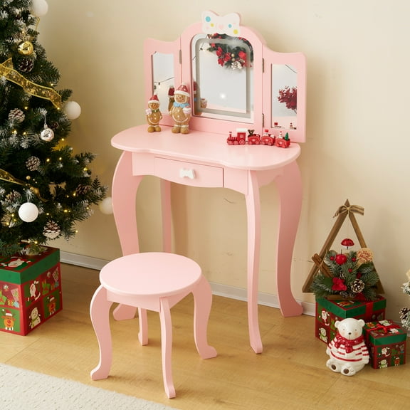 Kids Vanity, Girls Vanity Set with Tri-Fold Mirror and Stool and Lights, Drawer, 2 in 1 Wooden Princess Makeup Desk Dressing Table, Toddler Vanity, Pretend Play Kids Vanity Table and Chair Set (Pink)