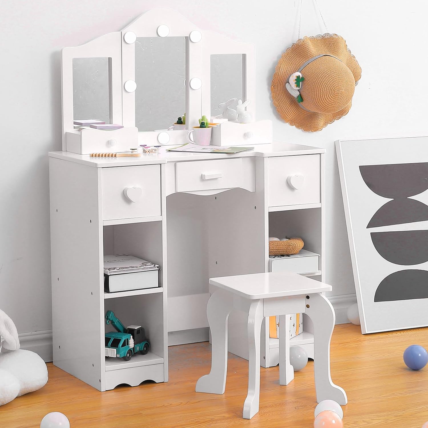 Kids Vanity, Girls Vanity Table with TriFolding Mirror, Light,Stool & Drawer, 2 in 1 Wooden