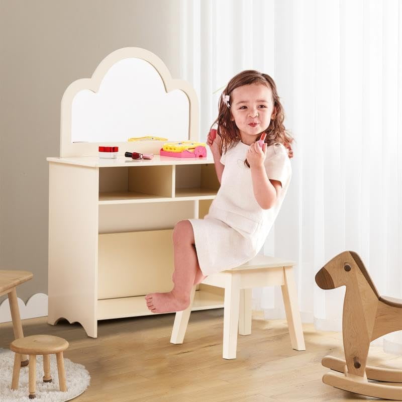 Kids Vanity, Linor Girls Vanity Set with Mirror and Stool, Toddler Vanity with Cloud Mirror, 2