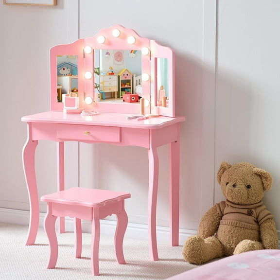 Kids Vanity, Little Girls Vanity Set with Stool and Light, 2 in 1 Wooden Kids Vanity Table and Chair Set, Princess Makeup Table with Drawer for Girls