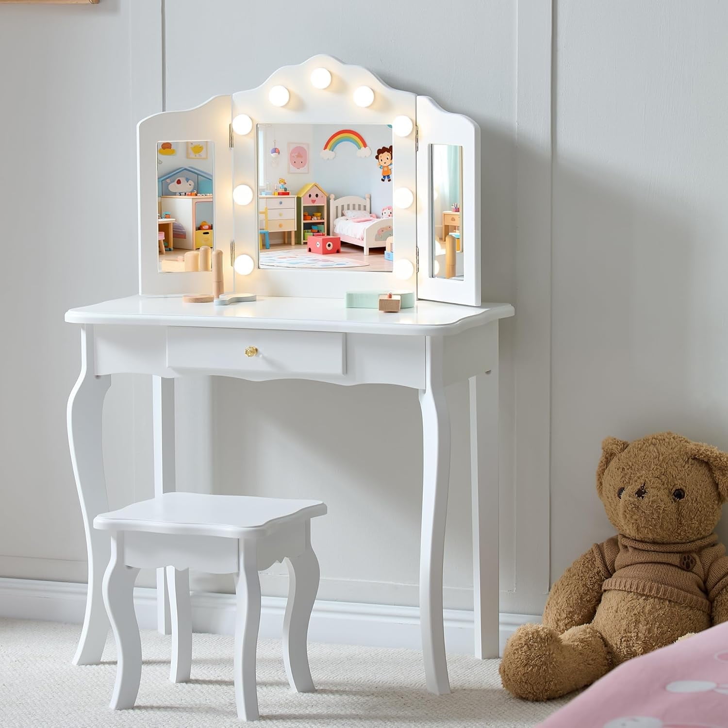 Kids Vanity, Little Girls Vanity Set with Stool and Light, 2 in 1 Wooden Kids Vanity Table and Chair Set, Princess Makeup Table with Drawer for Girls