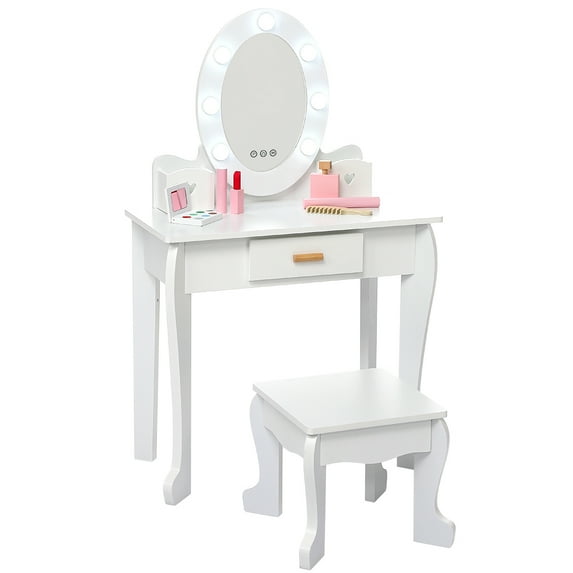 Garvee Girls' Vanity Table and Chair Set, Kids Makeup Dressing Table with Lights & Wood Makeup Playset, Kids Vanity Set with Mirror & Drawer for Age 4-9, White