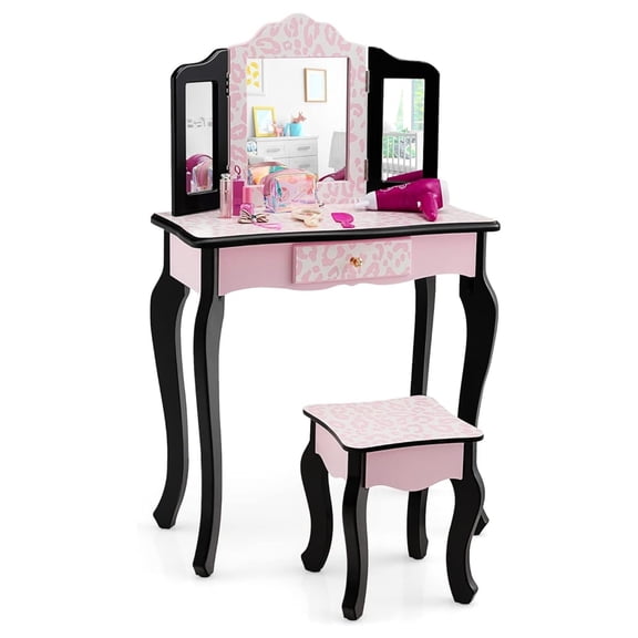 Kids Vanity, Makeup Vanity Set for Little Girls, Real Glass Tri-Folding Mirror, Bedroom Dressing Table & Chair Set, Wooden Girls Vanity Set w/Mirror and Stool, Pink Leopard Print