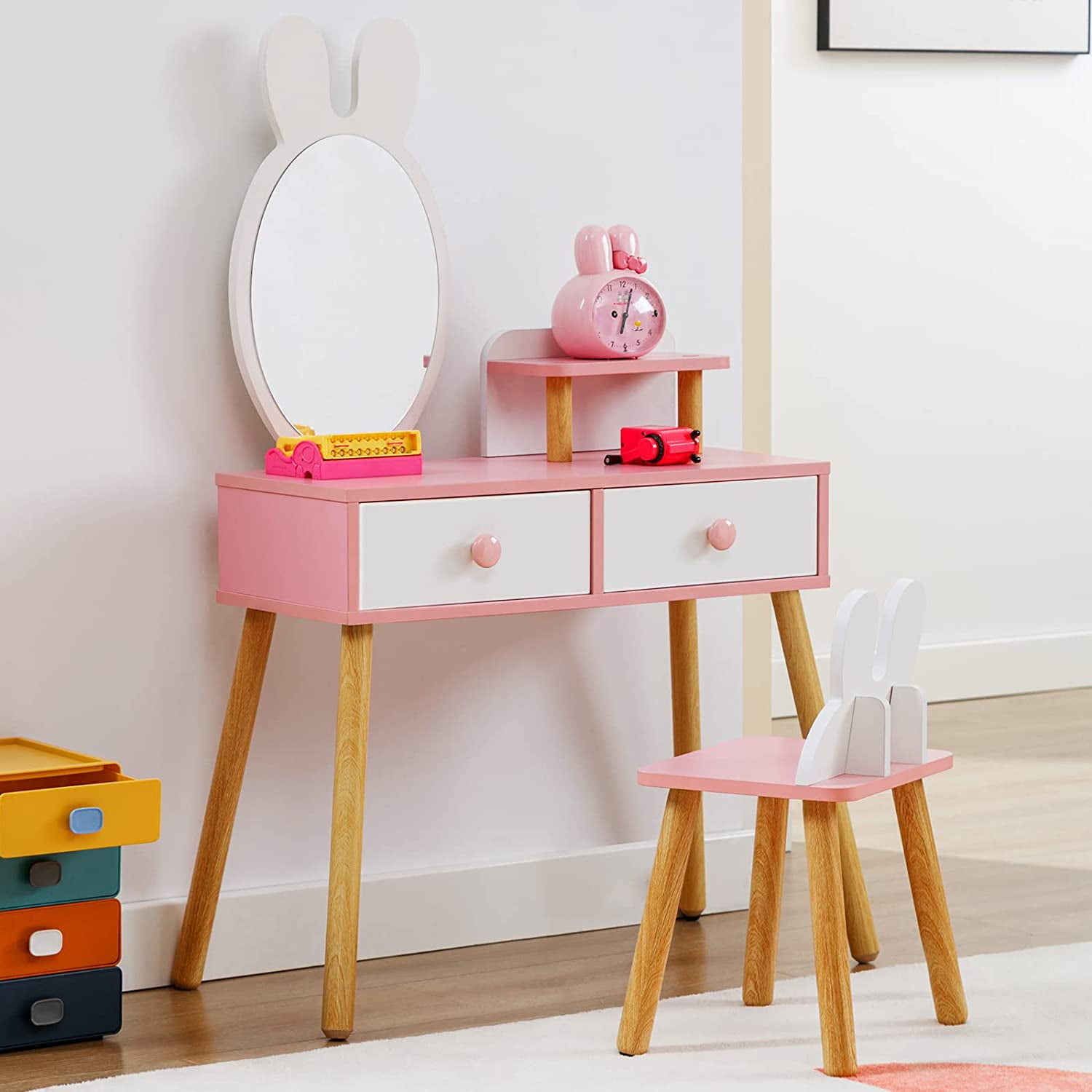 Kids Vanity Set, Cuoote Wooden Girls Vanity Set with Mirror, Chair