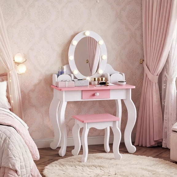 Kids Vanity Set, Girls Vanity, Kids Vanity Table and Chair Set, 2 in 1 Wooden Princess Makeup Desk with Mirror & Jewelry Storage, Toddler Pretend Dressing Table for Little Girls Bedroom Playroom