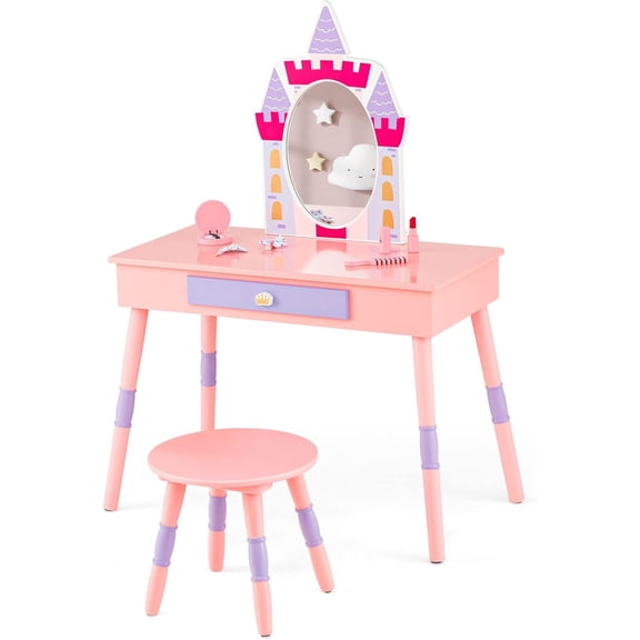 Kids Vanity Set, Girls Vanity Set with Mirror and Stool, Princess Makeup Dressing Table with Drawer, Growth Chart, Floating Shelves, Kids Vanity Table and Chair Set, Pink
