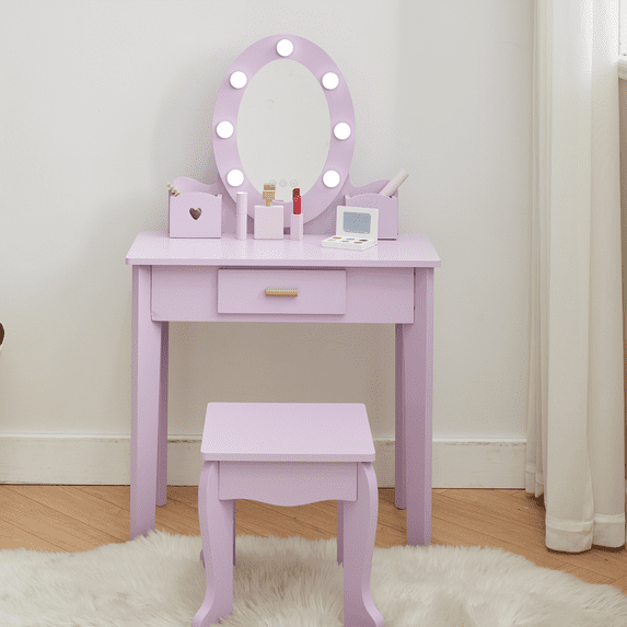 Kids Vanity Set, Girls Vanity Table with Mirror, Makeup Desk with Stool, Kids Dressing table with Wood Makeup Playset, for Bedroom, Playroom