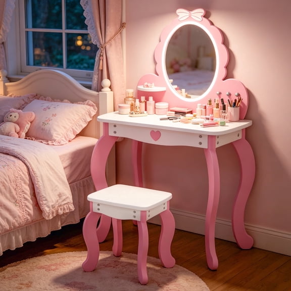 Guqiart Kids Makeup Vanity Set with Bow Pattern LED Light Mirror, Girls Vanity Desk with Chair, Princess Dressing Table Set, Pink