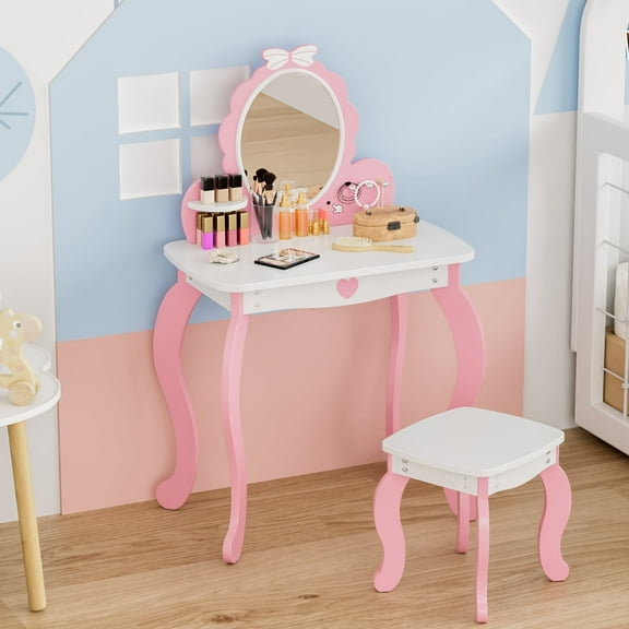 Kids Vanity Set with Lighted Mirror & Stool, White Bow Design - Princess Makeup Dressing Table with Storage, Chair Included - Toddler Girls Play Beauty Desk,Pink