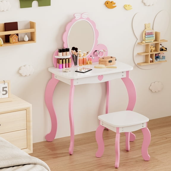 Kids Vanity Set with Lighted Mirror & Stool, White Bow Design - Princess Makeup Dressing Table with Storage, Chair Included - Toddler Girls Play Beauty Desk,Pink