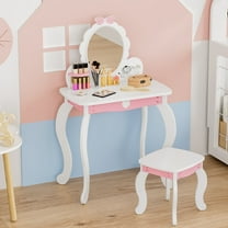 Kids Vanity Set with Lighted Mirror & Stool, White Bow Design - Princess Makeup Dressing Table with Storage, Chair Included - Toddler Girls Play Beauty Desk,White