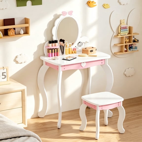 Joywind Kids Vanity Set with Lighted Mirror & Stool, Bow Design - Princess Makeup Dressing Table with Storage, Chair Included - Toddler Girls Play Beauty Desk, White