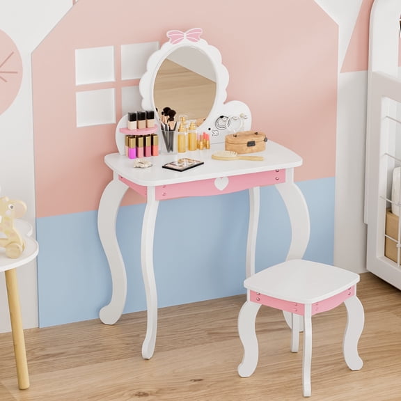 Joywind Kids Princess LED Lights Vanity, Mirror and Stool Table Set White Bow