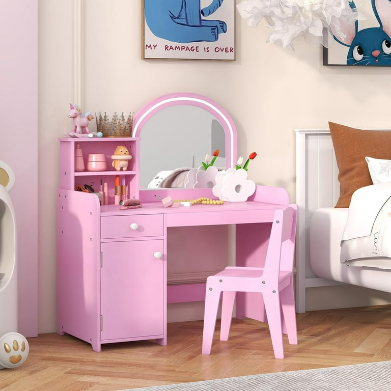 Kids Vanity Set with Lighted Mirror Toddler Makeup Dressing Princess Table Chair Set with Shelves Drawer Cabinet Pretend Play Vanity Set with Mirror and 2 Color LED Lights Pink Walmart