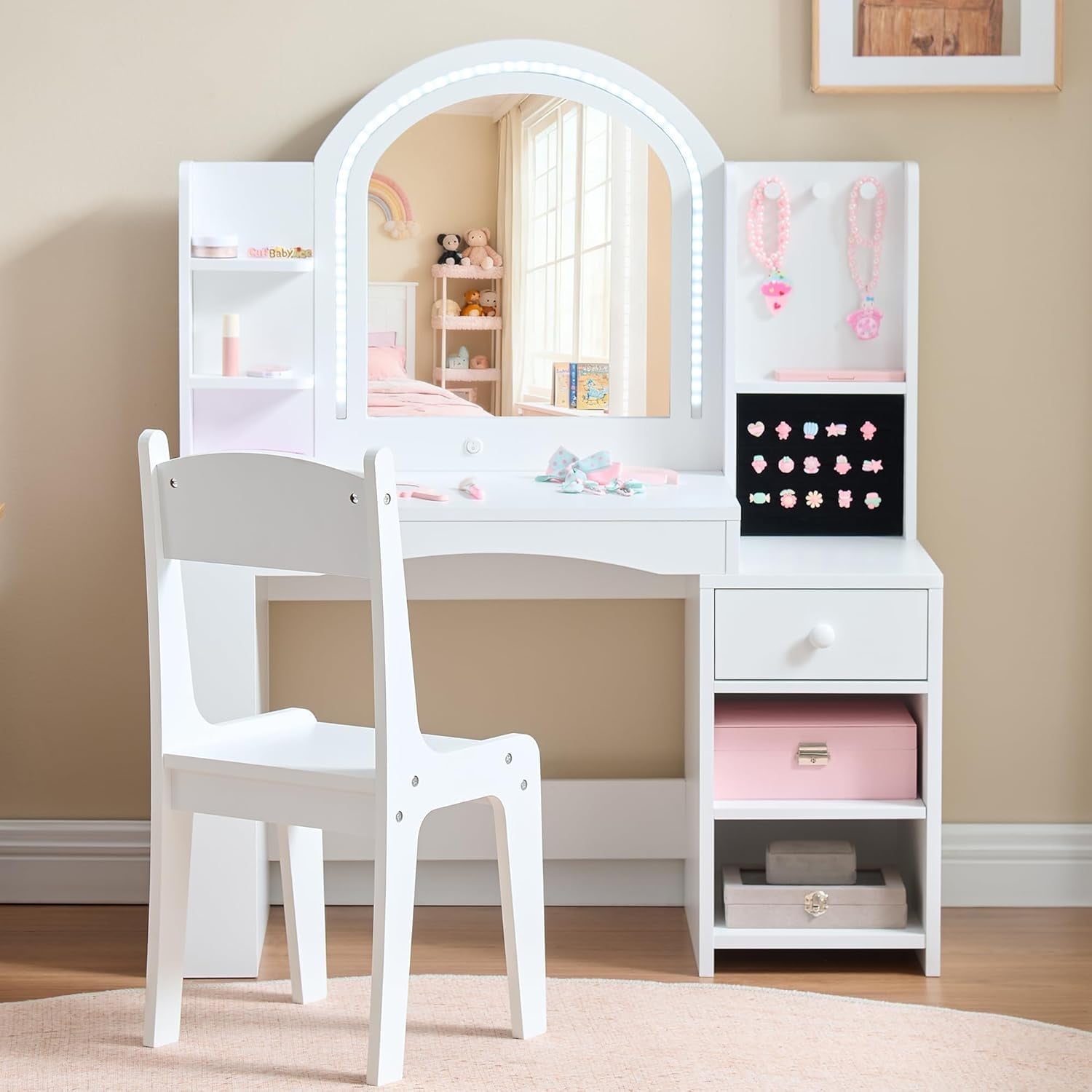 Kids Vanity Set with Lights, 2 in 1 Princess Makeup Vanity Desk with Jewelry Storage, Open Bookshelf, Storage Cabinet & Shelves for Little Girls (White)
