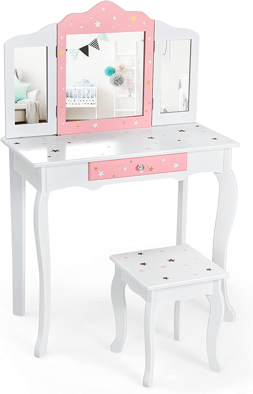 Kids Vanity Set with Mirror, 2 in 1 Princess Makeup Dressing Table w/Detachable Top, Toddler