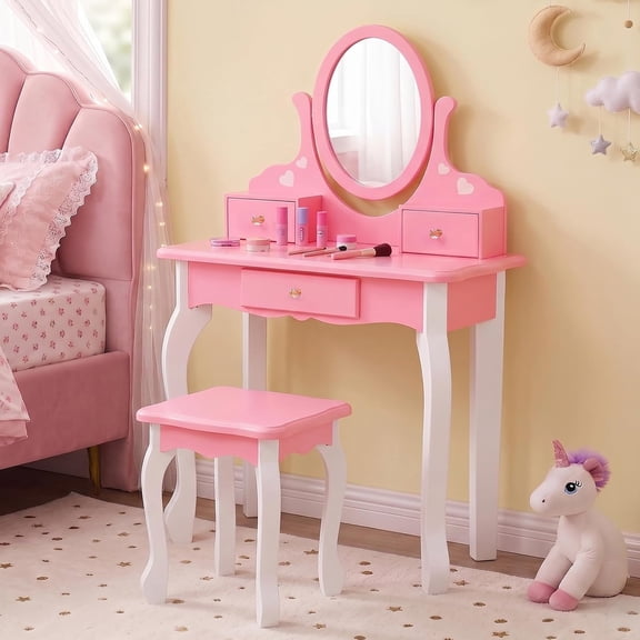 Kids Vanity Set with Mirror, 2 in 1 Princess Makeup Dressing Vanity Table and Stool Set, Toddler Vanity with 360 Rotating Mirror & Drawers, Vanity Set for Little Girls (Pink)
