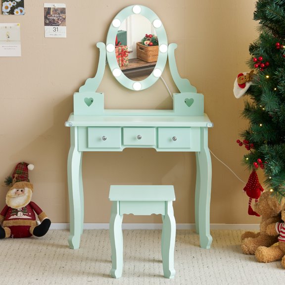 Kids Vanity Set with Mirror and Lights and Stool, 5 Storage Drawers, Pretend Play Princess Makeup Desk Dressing Table and Stool Set for Little Girls Age 3+, Macaroon Green