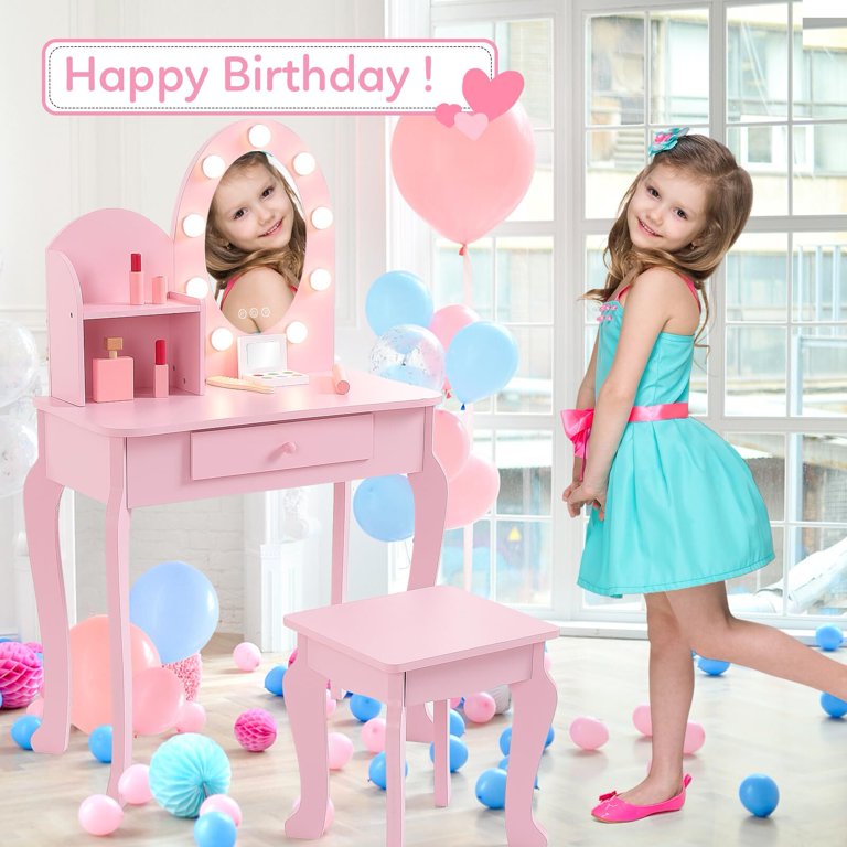 little princess dressing table Kids Vanity Set, Pink Toddler Makeup Vanity Table with Stool, Lights,  Mirror, Play Makeup Set, Drawer, 2 Open Storage Shelves, Wooden Little  Princess