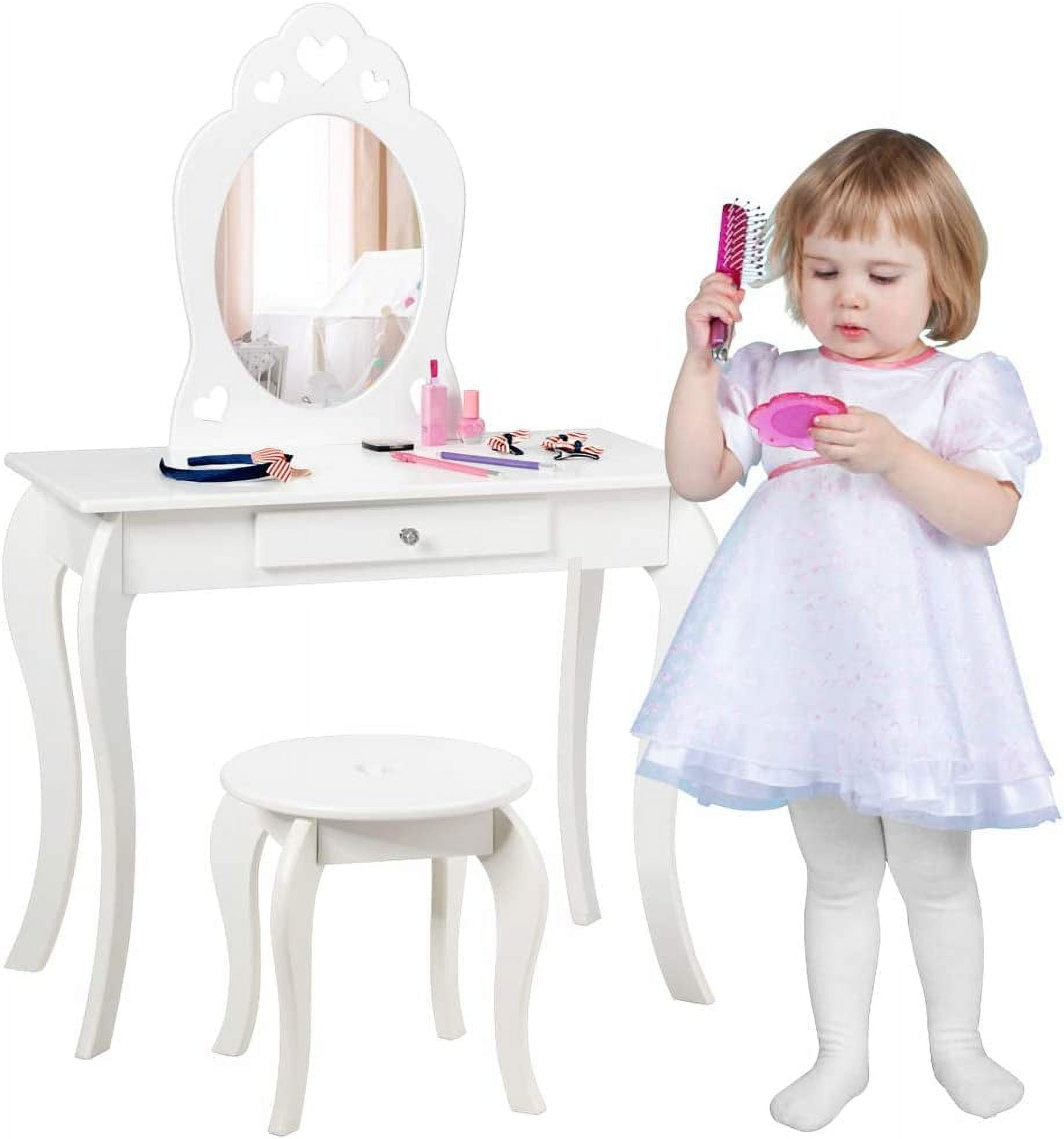 Kids Vanity Set with Stool & Mirror, 2 in 1 Child Pretend Play Makeup