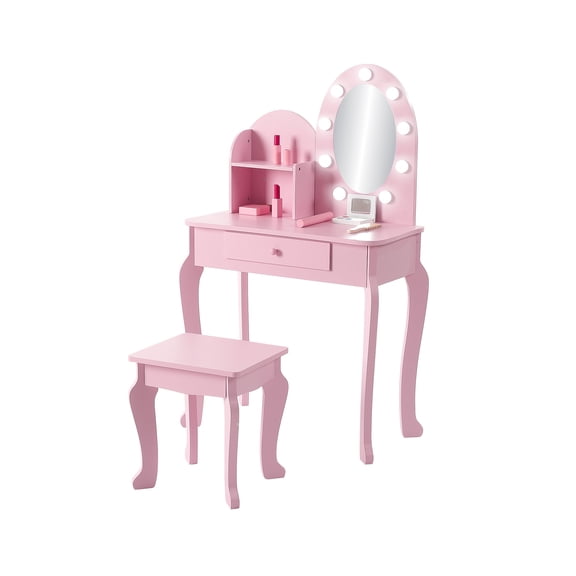 Kids Vanity Set with Touch Lighted Mirror, Princess Style Makeup Table & Cushioned Stool, Pretend Play Girls Vanity Table and Chair Set, for Girls 3-10, with Pretend Play Accessories