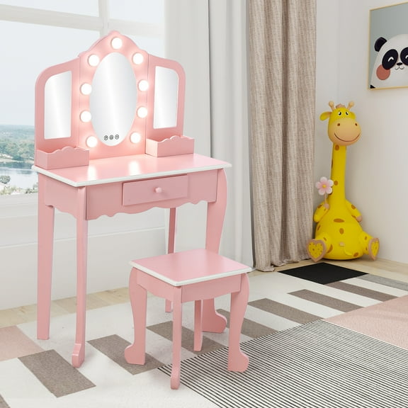 Kids' Vanity Set with 3 Mirrors and Light, Makeup Table and Stool for Girls, Vanity Table and Chair Set with Wood Makeup Playset for 4-9 Girls
