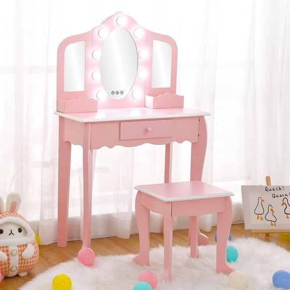 Kids' Vanity Set with 3 Mirrors and Light, Makeup Table and Stool for Girls