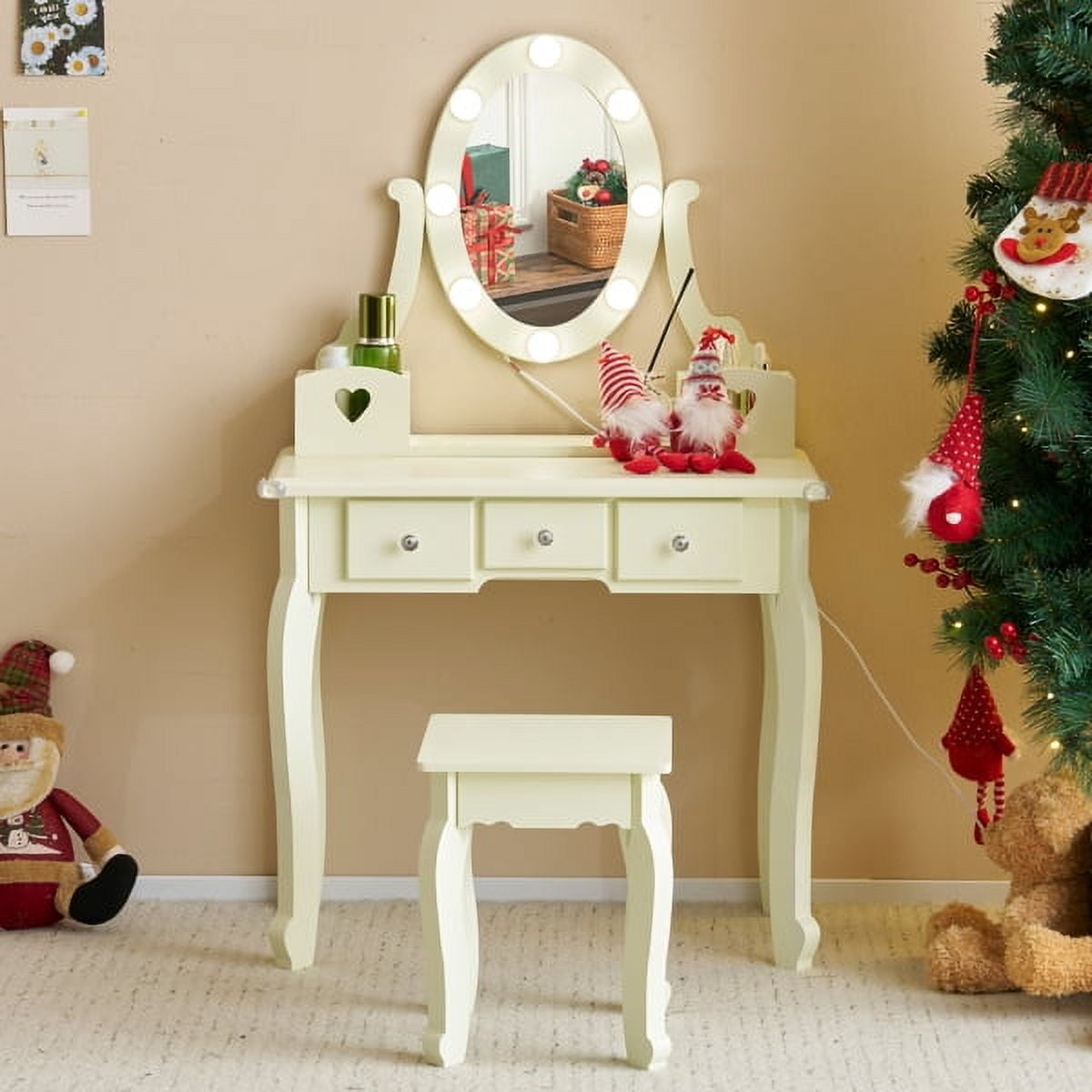 Kids Vanity Set with Mirror Lights, 5 Storage Drawers & Stool, Macaroon Yellow Pretend Play Makeup Desk for Little Girls Age 3+