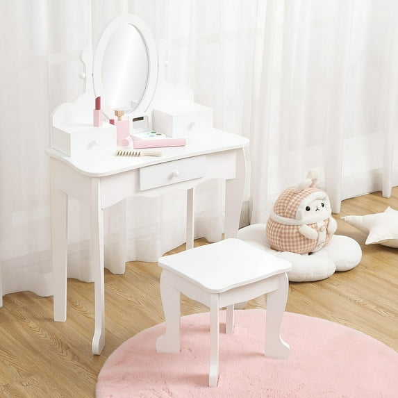 Kids' Vanity Set with Mirror, Makeup Table and Stool for Girls, Vanity Desk and Chair with Wood Makeup Playset for 4-9 Girls