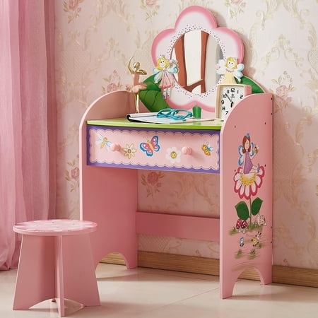 Kids Vanity Set with Mirror and Stool, Girls Makeup Vanity Wooden Dressing Table with Drawer, Princess Vanity Table and Chair Set for Little Girls