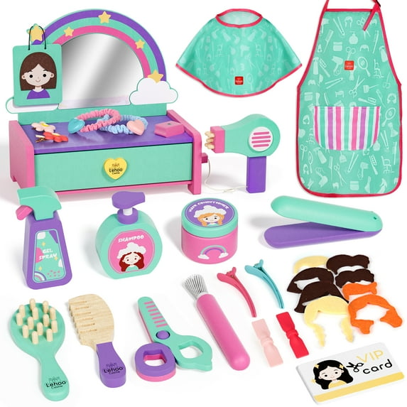Kids Vanity Sets for Girls, Toddler Vanity Set, 32 PCS Wooden Kids Hair Salon Playset, Hairdressing Pretend Playset, Barber Pretend Hair Styling Set with Apron/Hair Dryer/Hair Accessories for Age 3+