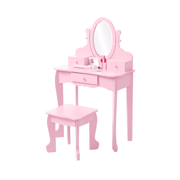 Kids Vanity and Stool, Girls Vanity Table and Chair Set, Princess Vanity with Storage Drawers, Oval Mirror and Makeup Playset to Play Dress-Up, Wooden Play Makeup Dressing Table for Ages 4-9