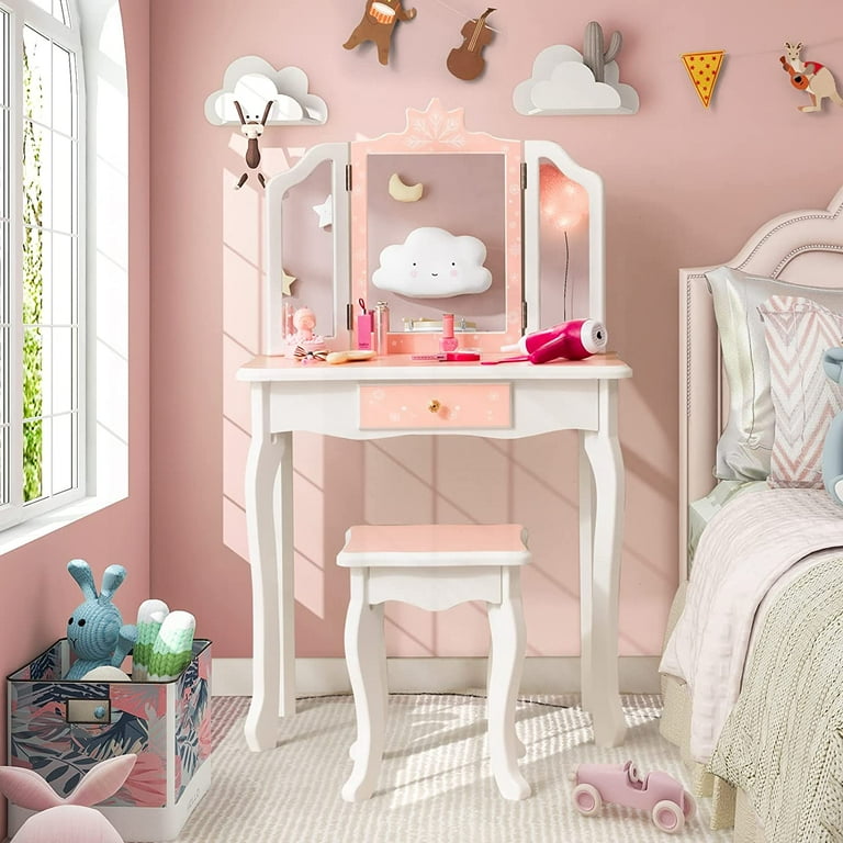 Kids Vanity Table and Chair Set Girls Vanity Set with Mirror and Stool Storage Drawer Wooden Princess Makeup Dressing Table Toddler Vanity Pretend Play Vanity Set for Little Girls Walmart