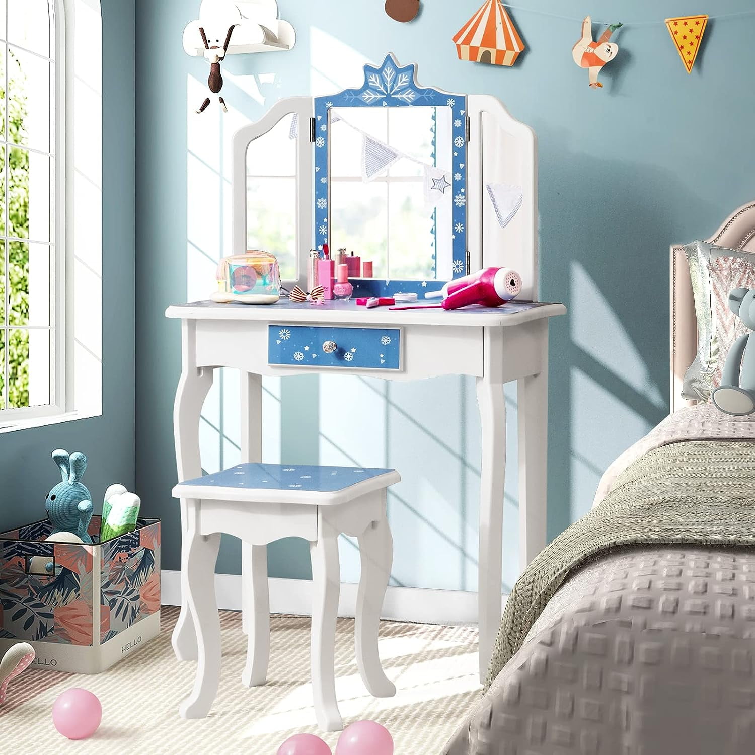 Kids Vanity Table and Chair Set, Girls Vanity Set with Mirror and Stool